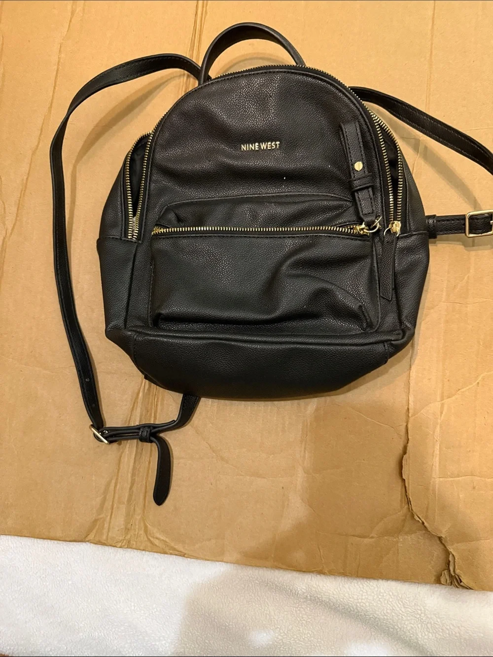 Nine West Black Mini Faux Leather Backpack with Gold Accents